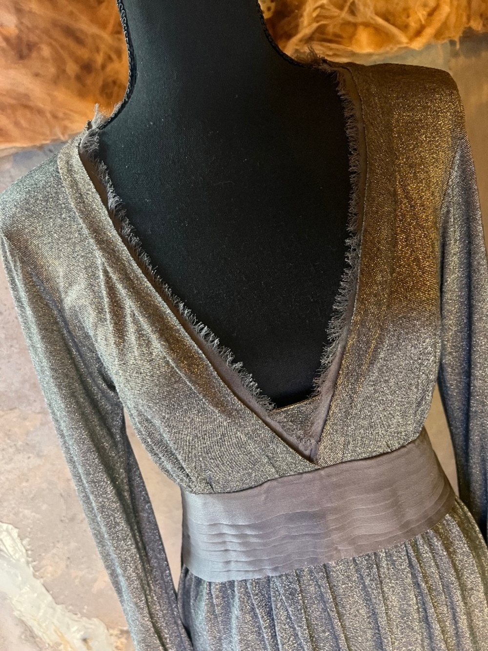 Vintage C.C. Outlaw Gold Metallic Lurex Long Sleeve Mini Dress w/ Gray Silk Trim